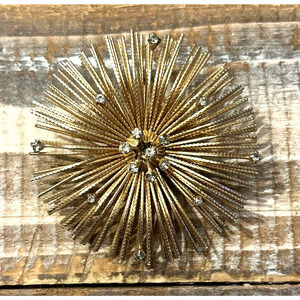 Vintage Warner Gold Flower Starburst Sea Urchin Rhinestones Brooch Pin